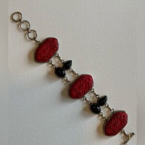 Vintage Sterling Silver,Black Onyx, Cinnabar Toggle Clasp Link Bracelet Jewelry